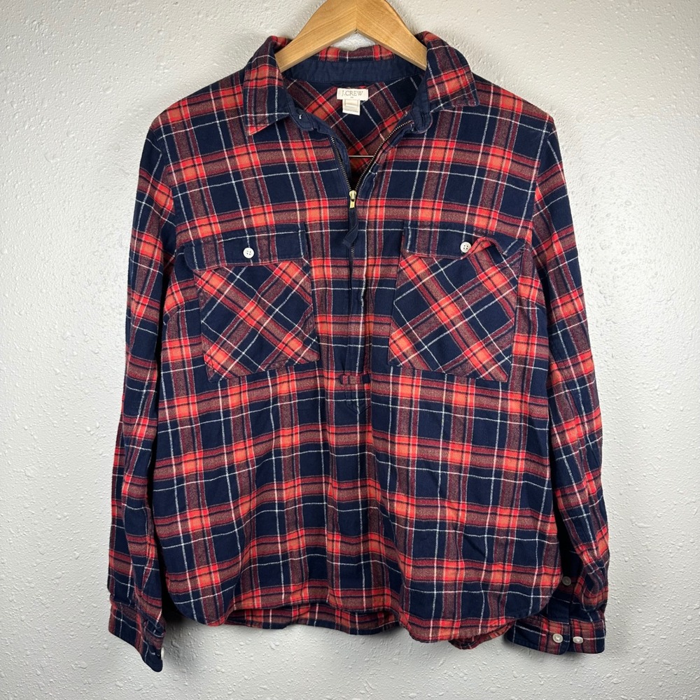 J. Crew Women L Quarter Zip Popover Flannel Shacket 100% Cotton Fall Casual Boho